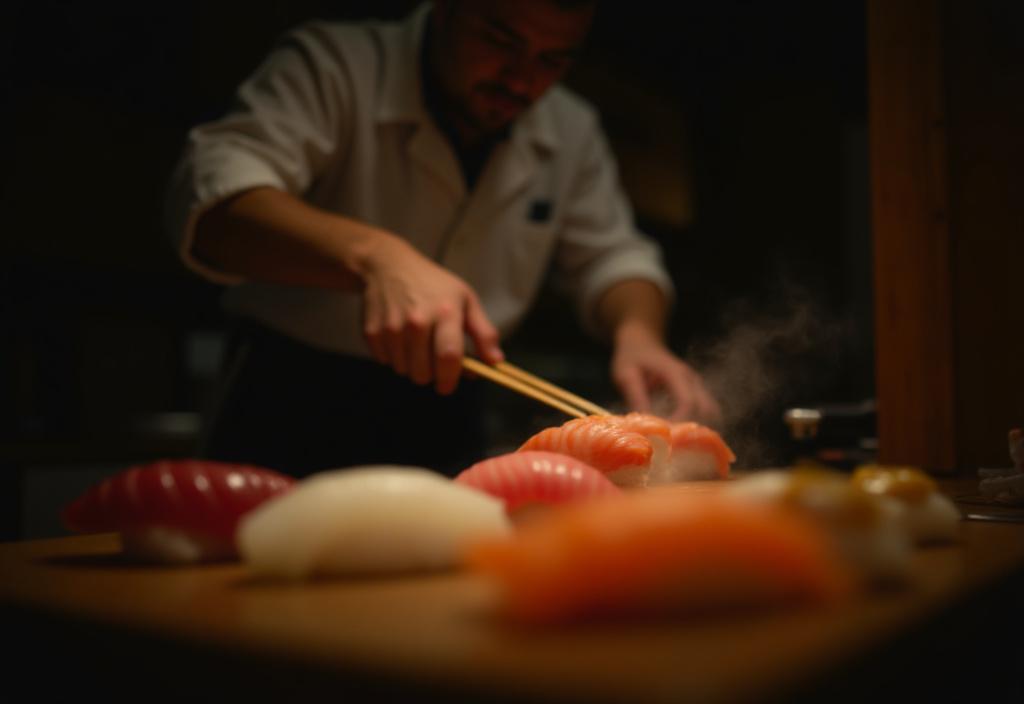 寿司職人がカウンターで丁寧な手つきで寿司を準備している様子