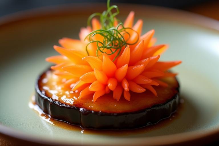 焼き茄子の上に新鮮な雲丹が乗せられた美しい一皿