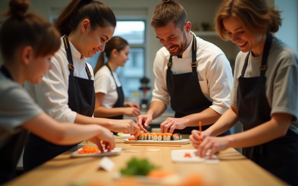 参加者が寿司職人から握り方を教わっている様子のワークショップ風景